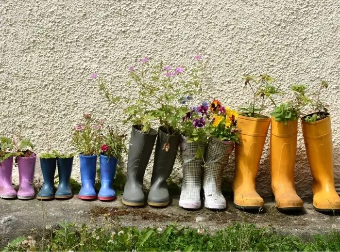 Gummistiefel in verschiedenen Größen und Farben sind mit Blumen befüllt