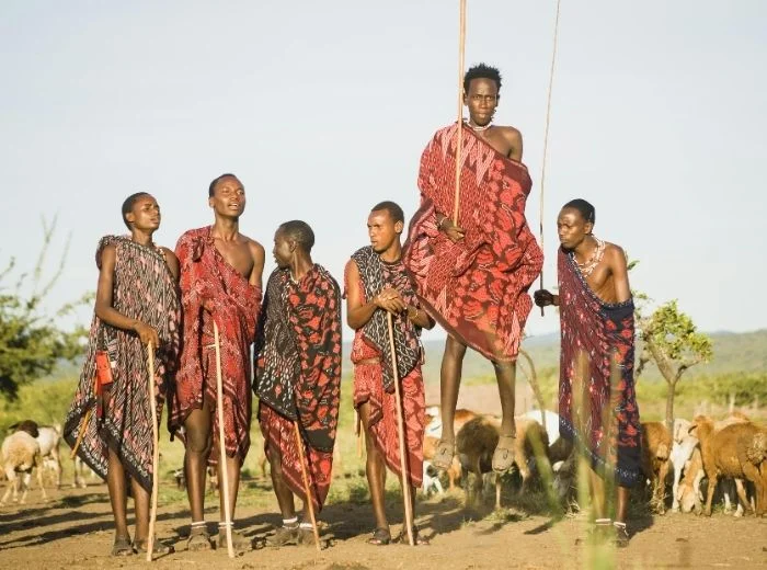 Eine Gruppe von Masai Hirten vor ihrer Ziegenherde